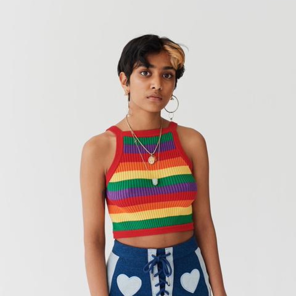 NWOT 🌈Lazy Oaf rainbow knit crop top w lace up back pride - Picture 1 of 5
